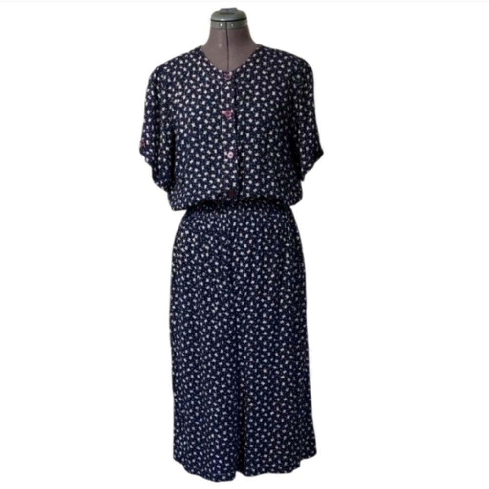 2 Piece Matching Set Vintage Culottes Top Navy White Floral Capris Jumpsuit